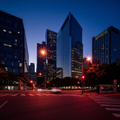 Fototapeta premium Downtown Skyline at Dusk with City Lights