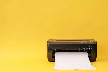 Close up of printer with blank paper on yellow background