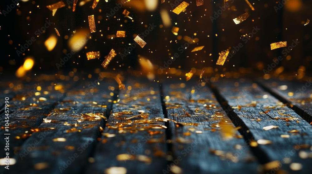 Aufkleber golden bokeh effect on dark rustic wooden surface with glittering lights, creating a festive atmosph