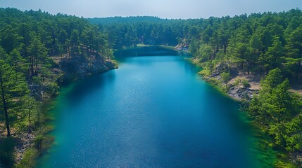 An aerial view of a serene lake surrounded by lush green trees.