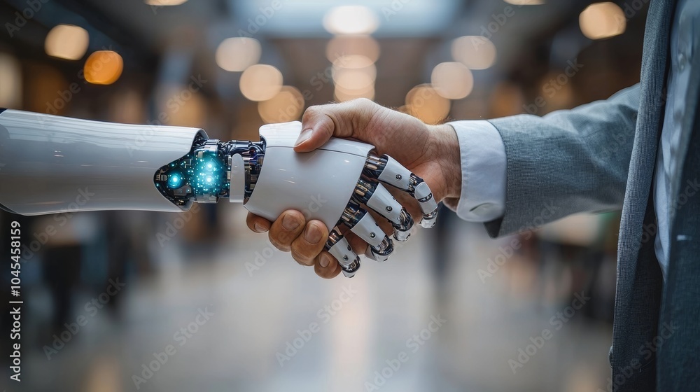 Poster Leader shaking hands with robot partner, showing AI technology combined with human innovation.