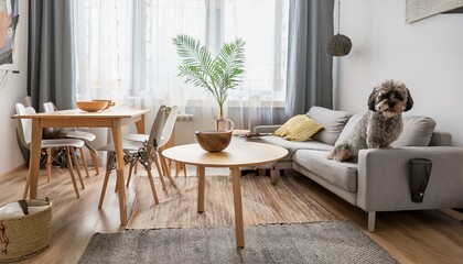 Stylish scandinavian interior of living room with design wooden table, chairs, grey sofa, decoration, personal accessories and beautiful dog in elegant home decor.