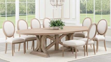 Elegant Dining Room with Rustic Wooden Table and Chandelier in Bright Interior
