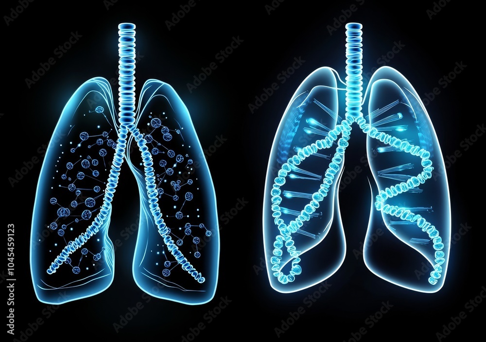 Poster the abstract blue and purple helix of dna molecule and human lungs are thought to represent a geneti