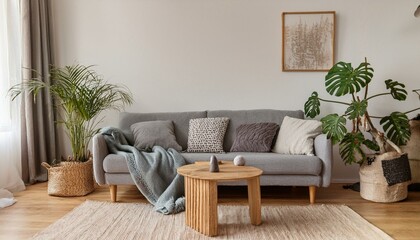 Stylish scandinavian interior design of living room with gray sofa, pillows, plaid, wooden cube, plants, sculpture and elegant personal accessories. Copy space. Modern home decor. Template.