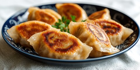 Delicious Golden Fried Dumplings on Blue Plate  Chinese Food  Close up