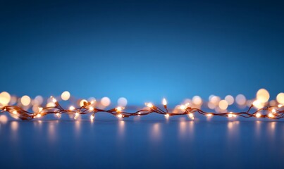A string of warm white fairy lights on a blue background, with blurred lights in the background.