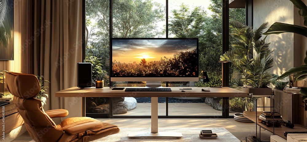 Poster Modern home office with a computer monitor showing a sunset over a field.