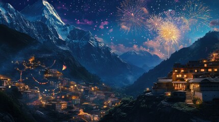 Fototapeta premium Fireworks light up a South Asian mountain village, vibrant colors and room for festive messages