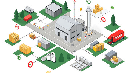 Efficient supply chain network diagram illustrating connections between various facilities, including warehouses, transportation, and communication nodes, showcasing logistics and distribution