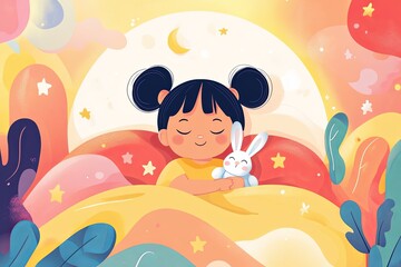 Dreamy illustration of a girl sleeping with her bunny toy
