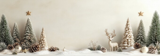 Elegant Christmas-themed backdrop with a white wall adorned with trees, deer, and stars, featuring soft neutral tones for text or product display.