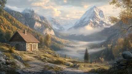 A cozy stone cabin nestled in a mountain valley at sunrise, with mist and snow-capped peaks.