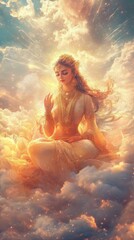Naklejka premium The radiant goddess embodies peace and wisdom on her throne, surrounded by clouds and light