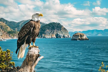 A bald eagle perches on a driftwood log overlooking a blue ocean with rocky islands in the distance.