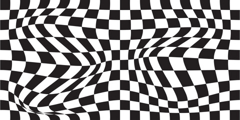 Obraz premium Endless, seamless checkered pattern. Distorted shapes. Pink and blue gamma. Psychedelic ornament for banner design, advertising booklets and wrapping paper. Vector illustration. EPS 10.