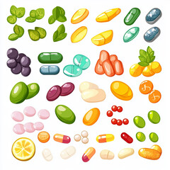 Obraz premium Vibrant collection of vitamins and minerals in various shapes and colors, including capsules, tablets, and gummies, showcasing health and wellness