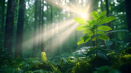 Obraz premium A peaceful forest scene illuminated by soft golden morning sunlight with warm rays piercing through the lush verdant foliage and lighting up the serene tranquil forest floor below
