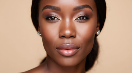 Naklejka premium Elegant Black Female Model in High-Fashion Glamour Photography – Natural Beauty with Melanin Glow on Neutral Background