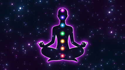 yoga meditation woman pose in the space , neon glowing chakra lights and glowing shiny stars, relaxing spiritual background