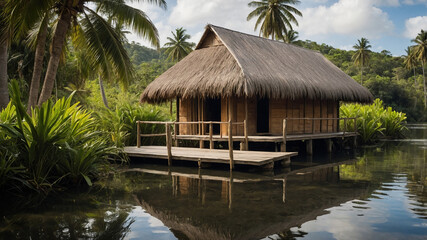 Obraz premium Rustic hut with thatched roof beside a serene water body surrounded by lush green palm trees and foliage.