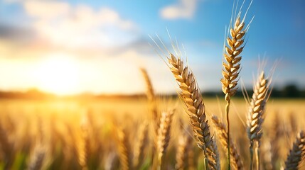 Fototapeta premium Expansive wheat field illuminated by warm golden evening light the tall plants gently swaying in the rhythm of the gentle breeze creating a serene and picturesque natural landscape