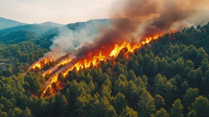 Fototapeta premium Aerial View of Forest Fire with Smoke and Flames