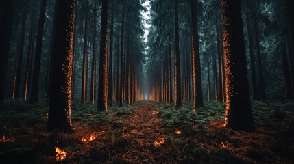 Obraz premium Mystical Forest Path with Glowing Tree Trunks