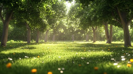 Obraz premium Sunlit Forest Meadow with Lush Green Grass and Scattered Flowers