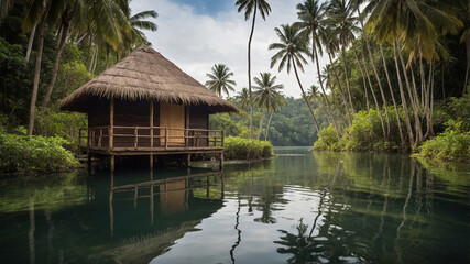 Fototapeta premium Rustic hut with thatched roof beside a serene water body surrounded by lush green palm trees and foliage.