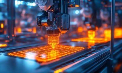 3D printing machines constructing skyscrapers in a future urban environment, innovative technology, 3D illustration
