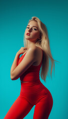 Fototapeta premium Blonde girl in red top and red leggings against blue studio wall background