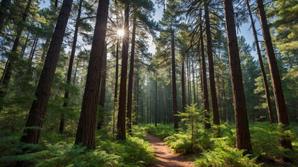 Fototapeta premium Sunlit path through a dense forest with tall trees and lush ferns in a tranquil natural setting.