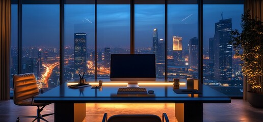 Fototapeta na wymiar Modern office desk with a computer and a stunning cityscape view through a large window.