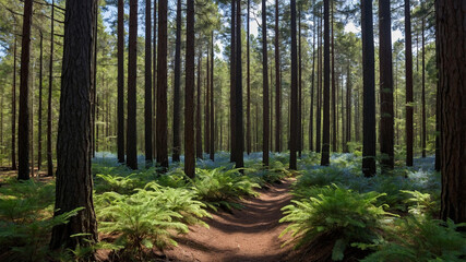 Sunlit path through a dense forest with tall trees and lush ferns in a tranquil natural setting.