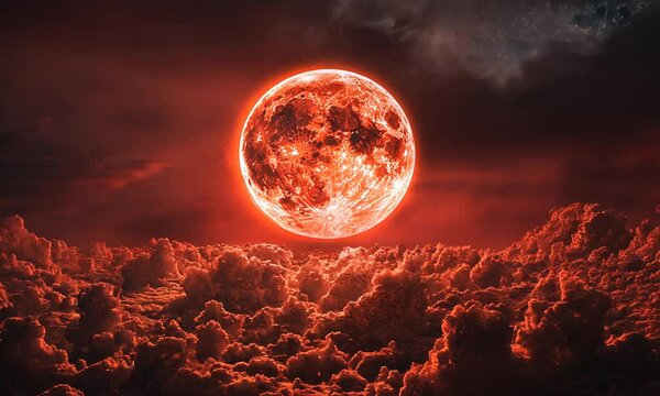 A dramatic red moon illuminates dark, swirling clouds, creating a surreal atmosphere.