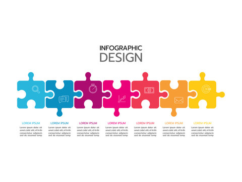 Puzzle infographic with the seven-piece business presentation. Circle infographics. 7-step puzzle round process diagram.