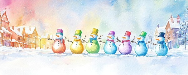 Obraz premium A magical rainbow snowman parade, marching through a snow-covered town square, their vibrant colors shimmering under a glowing winter sky