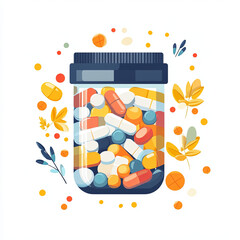 Colorful multivitamin package with scattered pills and leaves, showcasing variety of shapes and colors. This vibrant illustration captures essence of health and wellness