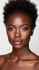 Fototapeta premium Elegant Black Female Model in High-Fashion Glamour Photography – Natural Beauty with Melanin Glow on Neutral Background