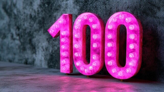 Pink Number One Hundred. LED illuminated one hundred numeric symbol against a concrete grey wall.
