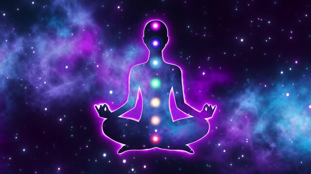 yoga meditation woman pose in the space with nebula, neon glowing chakra lights and glowing shiny stars, relaxing spiritual motion background