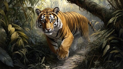 A majestic Bengal tiger emerges from the dense foliage of a jungle, its amber eyes piercing through the dappled sunlight.