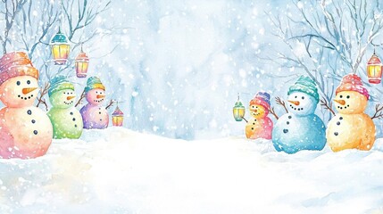 An enchanted snow village with rainbow snowmen, each one glowing in a different color, softly lit by winter lanterns as snow falls gently
