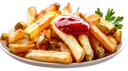 Golden french fries dipped in ketchup, side view on a 16:9 transparent background.