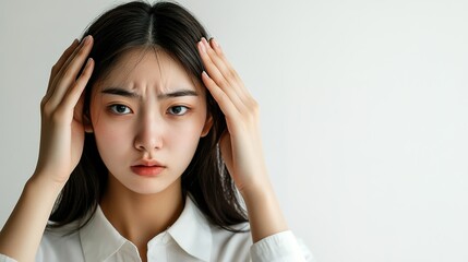 Fototapeta premium Young woman holding her head with both hands, suffering from hair loss and distress on a white background,