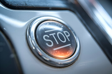 A close-up view of a shiny, metallic stop button illuminated with a warm light, indicating it's active.