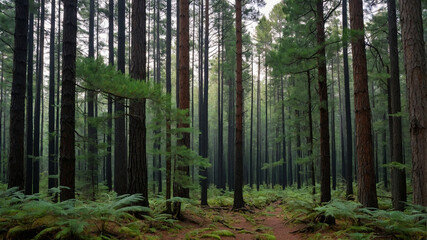 Fototapeta premium A serene forest path with tall straight trees, green ferns, and a dirt trail under a cloudy sky.