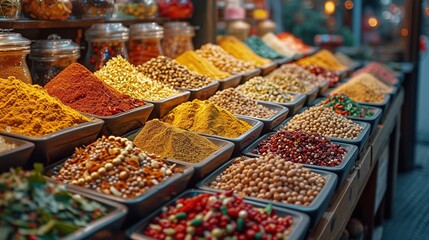 Obraz premium blurred image of traditional market with aromatic spices and exotic flavors, creating a sensory and cultural atmosphere