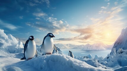 Obraz premium Penguins standing on top of a snow covered mountain range